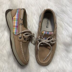 Sperry Top-Sider Bluefish Tan Leather Plaid Boat Shoes Kids Girls Size 13.5